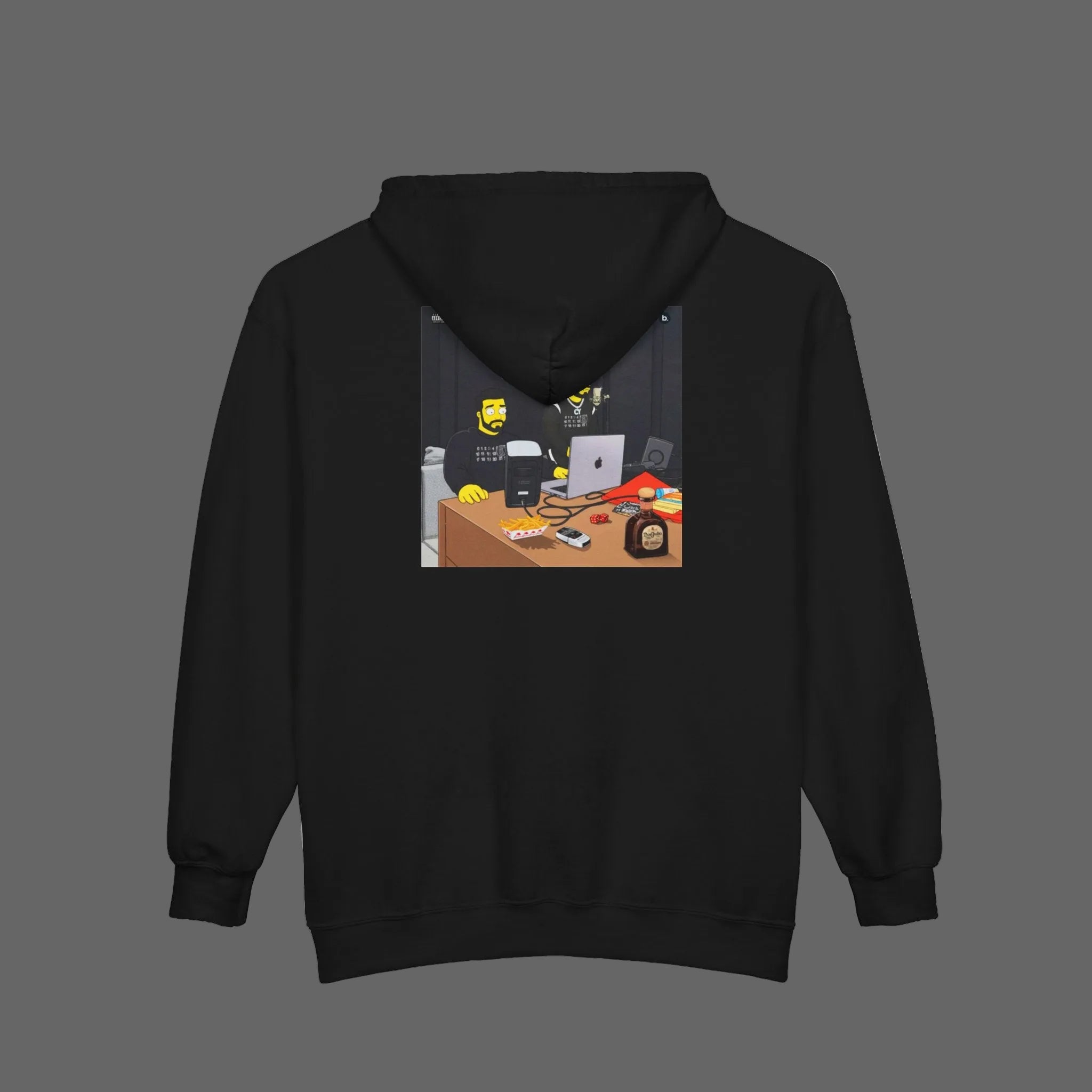 Black hoodie with a graphic of a desk and computer on the back, on a white background