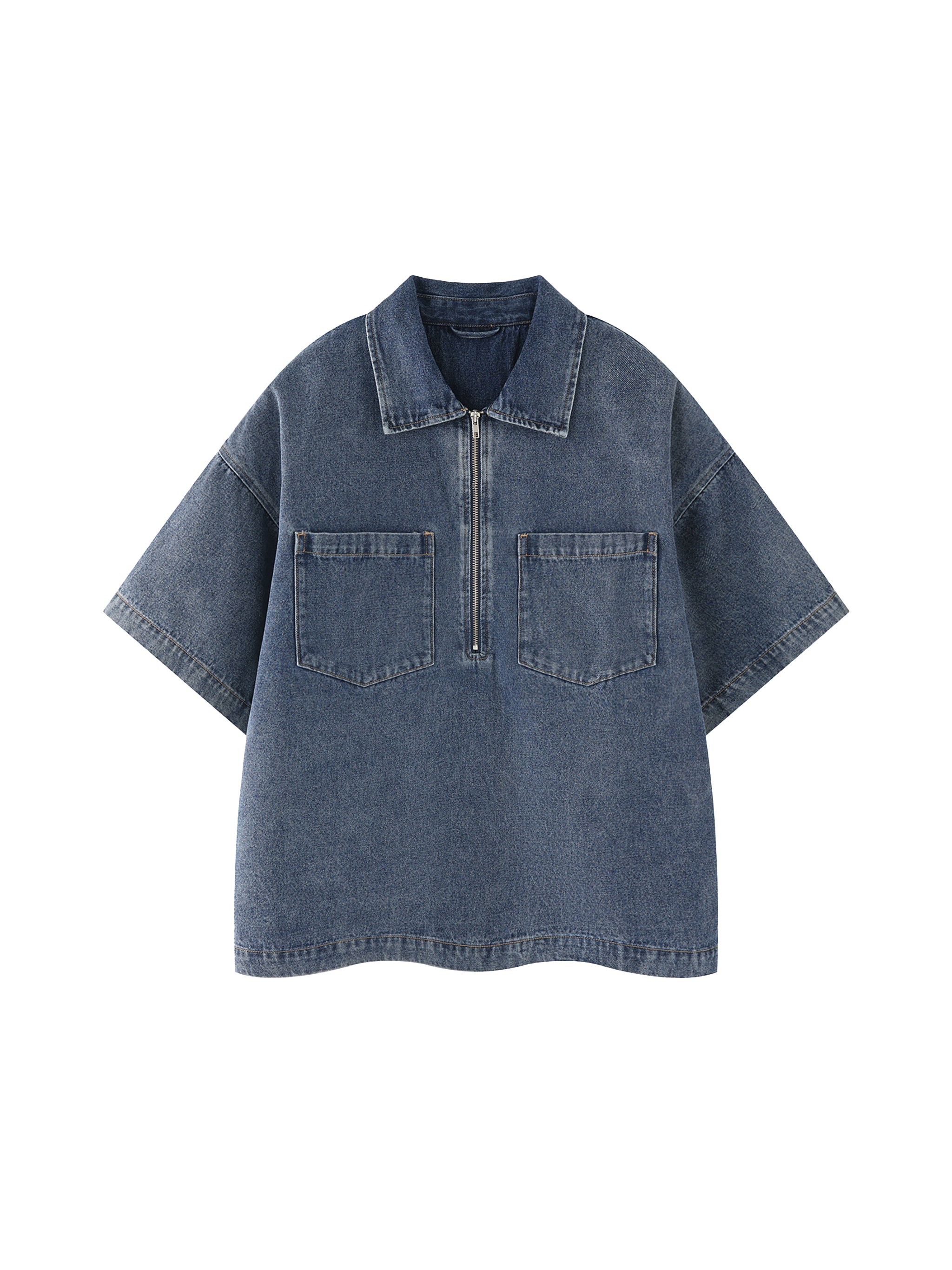 Unisex Vintage Wash Boxy Quarter-Zip Denim Shirt